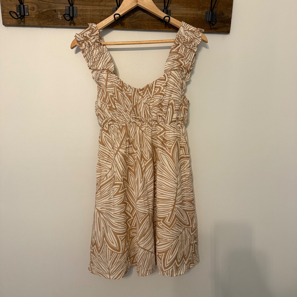 Blu Pepper Tan Cream Palm Leaf Ruffle Mini Dress CR2228A Size Large